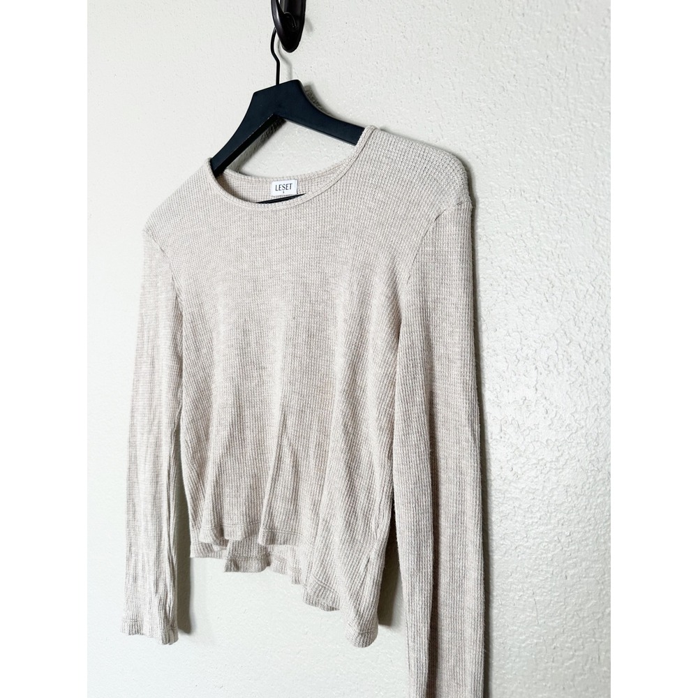 Leset Waffle Knit Lounge Set Oatmeal Beige Long Sleeve Top Wide Leg Pants Small - Picture 4 of 16
